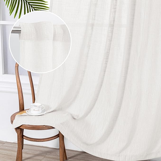 MYSKY HOME Extra Long Curtains for Living Room, Soft Cotton Fabric Boho Window Curtain Drapes Light Filtering Semi Sheer Backdrop Panels, Beige White, 50 x 102 Inches, 2 Pieces