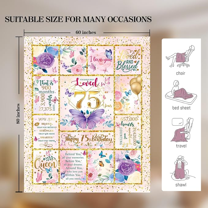 75th Birthday Gifts for Her -75 Year Old Gifts for Women Mom -75th Milestone Birthdays Blanket -75th Birthday Blanket for Women - Warm Soft Plush Flannel Throw Blankets (80"x60")