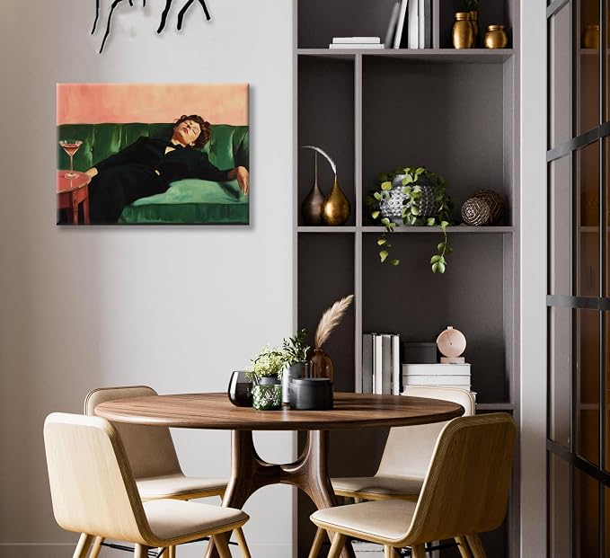 Vintage Woman Canvas Wall Art Funky Victorian Woman on Couch with Martini Picture Wall Decor Eclectic Cocktail Poster Trendy Bar Cart Decor Painting Print Artwork for Bar Kitchen Dining Room, Framed