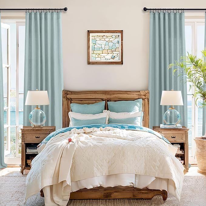 Seafoam Curtains 38 Inch Wide for Small Window 2 Panels Back Tab Rod Pocket Semi Sheer Linen Skinny Sea Green Blue Curtains for Bedroom Entryway Front Door Closet Coastal Decor Teal Grey 38x84 Length