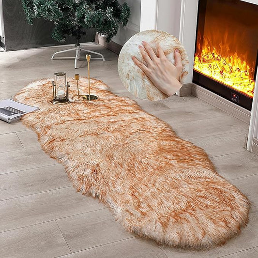 linmopm Faux Fur Sheepskin Rug, 2x6 ft Runner, White and Yellow | Shag Fluffy Fuzzy, High-Density Cushion, For Bedroom Bedside Living Room, Plush Carpet, Sofa Cover