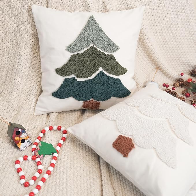 GEEORY Christmas Pillow Covers 18x18 Inch, Canvas Embroidered Xmas Tree Throw Pillows Farmhouse Winter Holiday Decor Cushion Case for Sofa & Bed Home Decorations (Beige) GX004-1-18