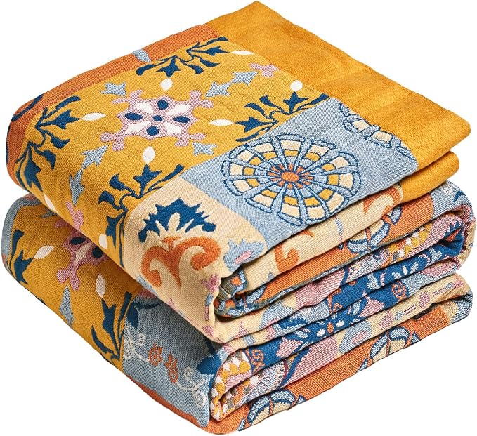 MSGKV Boho Throw Blanket 90"x90" Summer Cotton Queen Roman Blanket for Bed | Muslin Throw, Queen Size Blanket, Reversible Woven, Lightweight Comfort, Farmhouse Decor, All Seasons, Machine Washable