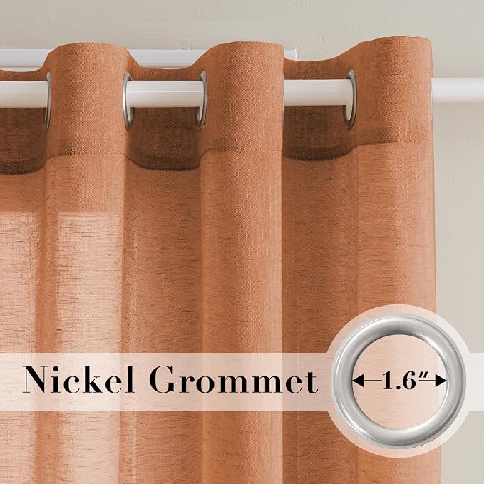 H.VERSAILTEX Linen Curtains Natural Linen Blended Curtain Panels for Living Room/Light Reducing Linen Semi Sheer Curtains 2 Panels Set Nickel Grommet Window Panels (52x63 Inch, Orange)