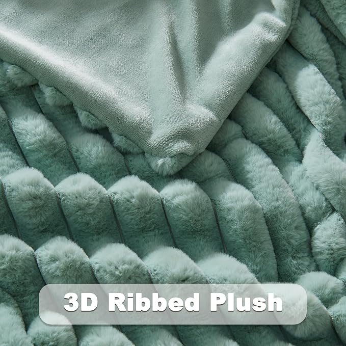 NEWCOSPLAY Faux Fur Ribbed Throw Blanket for Couch, New Sage Green, 50"x60" | Plush Soft Thick Warm Blanket for Couch Sofa Bed 850GSM, Fluffy Cozy Luxury Decorative Throw, Gift for Women Men