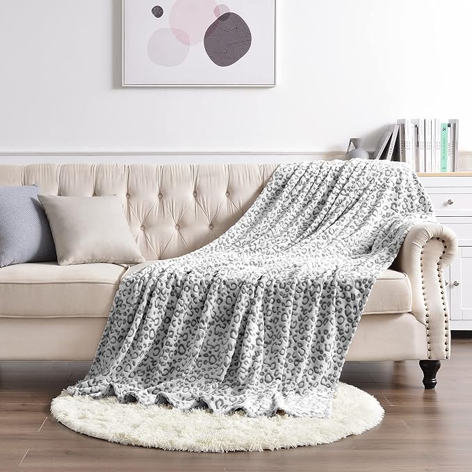 PLEASANT BOULEVARD | Leopard Throw Blanket Fleece, Premium Lightweight Cozy Warm Plush Microfiber Bedspread for Couch Sofa and Bed (Gray, Throw (50 x 60 inches))