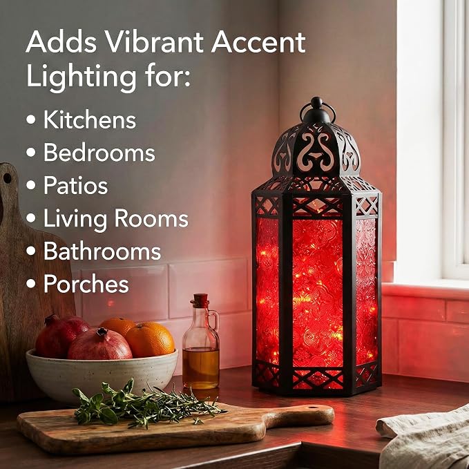 Vela Lanterns Decorative Indoor Red Gothic Fairy Light Candle Holder, L | Witchy Whimsigoth Fantasy Home Decor, Halloween Vampire Spooky, Moroccan Metal Hanging Flameless LED Lamp, 12" Tall