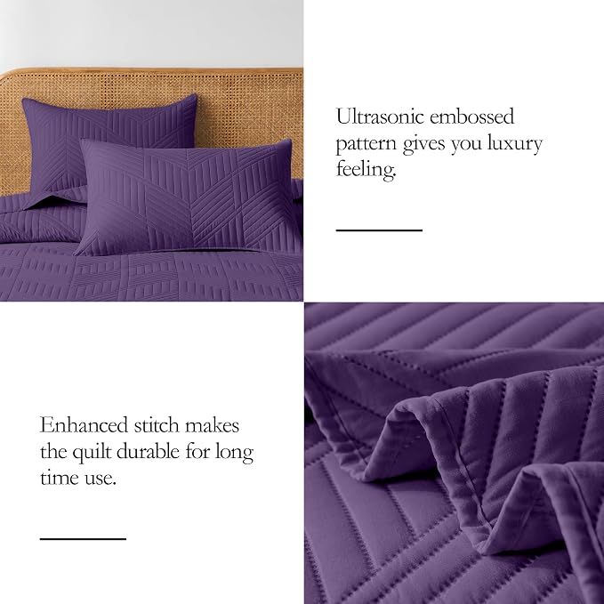 Davulos King/Cal King Quilt Set in Deep Purple, Soft Reversible Microfiber Bedspread for All-Season Use in Bedroom or Dorm, Lightweight Modern Geometric Coverlet (1 Quilt, 2 Pillow Shams)