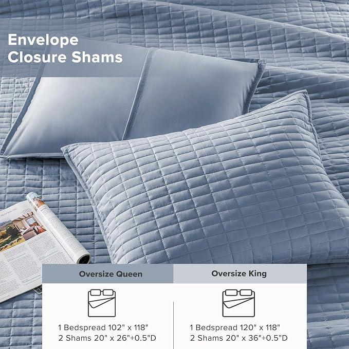 Comfort Spaces Oversized Bedspread Queen Quilt Set 3 Piece 102x 118 Blue | Coverlet for Summer Soft Cozy Lightweight All Season Quilted Extra Layer with Matching Sham, Bedroom Decor OEKO-TEX Certified