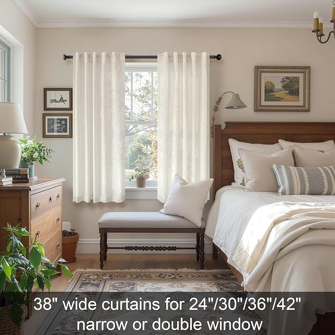 Natural Linen Curtains for Small Windows 38 Inch Wide 2 Panels Set Back Tab Pocket Short Skinny Narrow Mini Curtains for Bedroom Bathroom Basement Farmhouse Decor 38x45 Inch Length Ivory Cream Colored