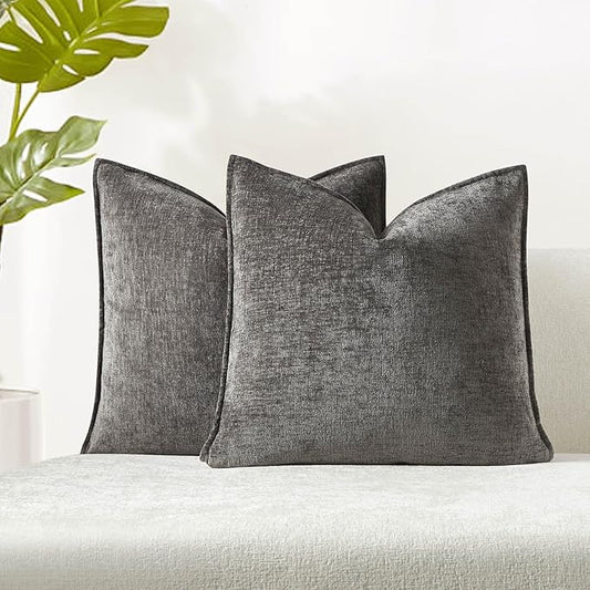 JUSPURBET 16x16 Chenille Decorative Throw Pillow Covers Set of 2,Dark Grey | JUSPURBET Cozy Soft Cushion Covers Case with Hidden Zipper for Couch Sofa Bed Home Decor Living Room