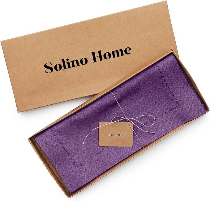 Solino Home 100% Linen Table Runner Purple, Classic Hemstitch 14 x 60 in | brings a tailored look to family meals and hosting, hemstitched border, mitered corners, machine washable, OEKO-TEX Certified