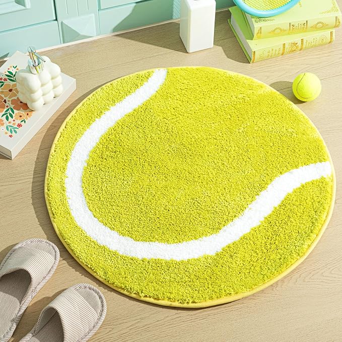 Funtery 25.6 Inch Tennis Ball Decor Gifts Tennis Ball Rug for Bathroom Plush Soft Round Green Mat Sports Washable Room Carpet for Bathroom Bedroom Home Decorative Door Mat Favor Gift
