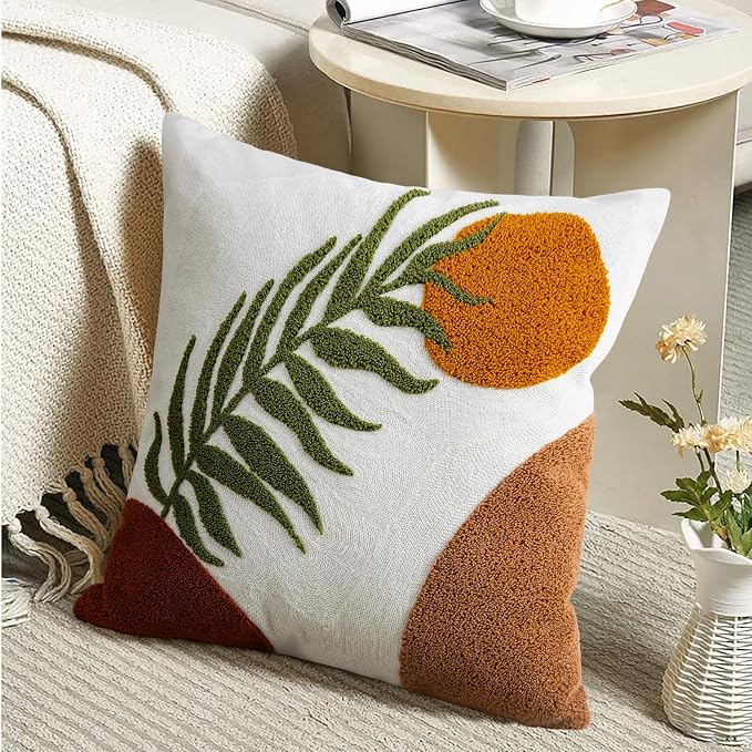 Merrycolor Boho Decorative Throw Pillow Covers 18x18 Tufted Green Decorative Pillows Covers Sun Leaf Mid Century Modern Throw Pillows for Bed Couch Sofa Living Room 1PC