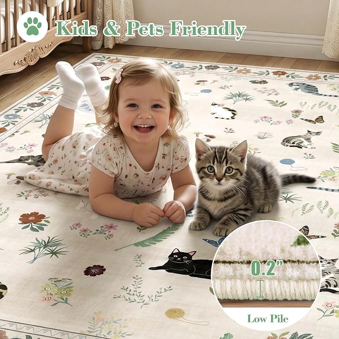 AIMPEAK 4x6 Washable Area Rug - Non Slip Low Pile Cat Floral Boho Medium Carpet for Living Room, Bedroom, Nursery, Girls' Room, Entryway, Farmhouse, Kids Playroom, Beige Multi