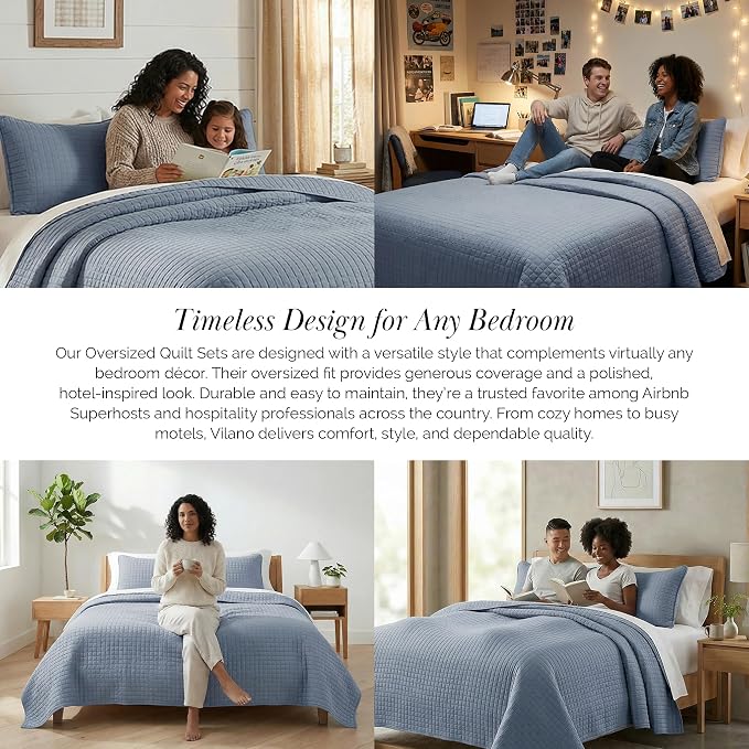 Southshore Fine Living, Inc. Queen Quilt Set, Full Size Bedspread with 2 Matching Pillow Shams, Soft Microfiber Lightweight Quilts, Queen Size Coverlet, Vacation Rental Quilts, Slate Blue Quilt