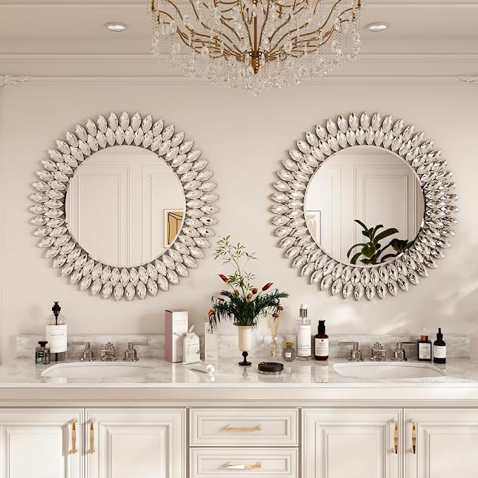 Kelly Miller 26" Jeweled Luxury Round Decorative Wall Mirror | Elegant diamond beveled vanity mirror. Perfect wall mirror for living room, bedroom, entryway.
