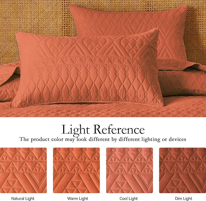 akkialla King/Cal King Size Quilt Bedding Set,Burnt Orange Lightweight Microfiber Soft Bedspread,Modern Style Geometric Pattern Coverlet Set for All Seasons,3 Piece(1 Quilt,2 Pillow Shams)