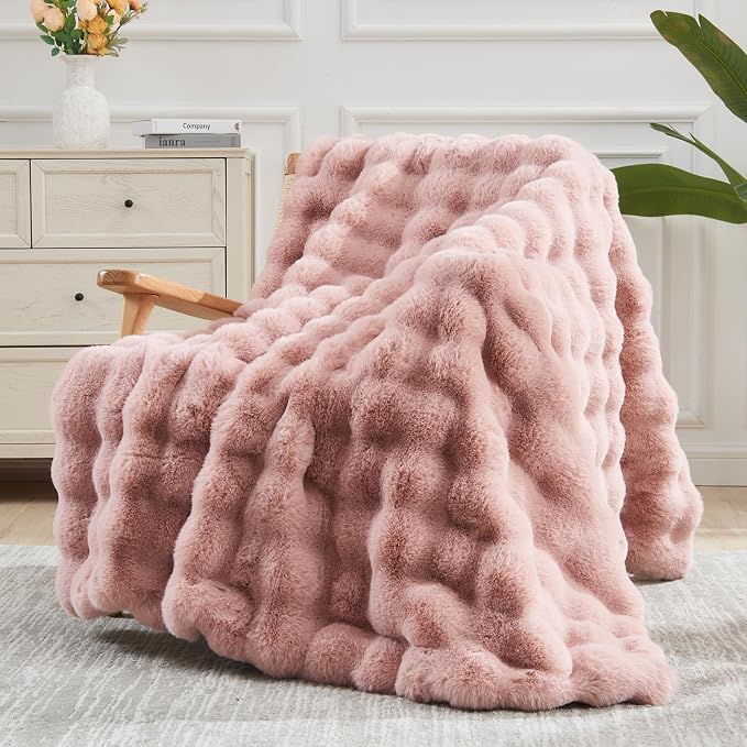 NEWCOSPLAY Faux Fur Thick Bubble Twin Blanket for Couch, Pink, 60"x80" | Luxury Fluffy Thick Warm Bubble Blanket for Couch Sofa Bed 1000GSM, Soft Plush Cozy Decorative Throw, Gift for Women Men