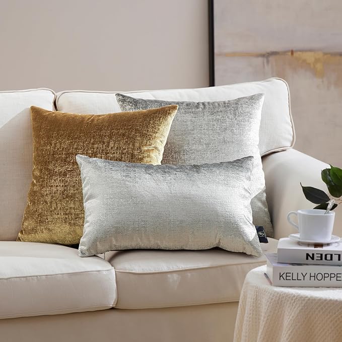 Phantoscope Pack of 2 Sparkling Velvet Decorative Solid Throw Decorative Pillow Cover Soft Silver Glitter Square Cushion Cover Pillowcase for Couch Bed and Chair, Gray, 12 x 20 inches, 30 x 50 cm