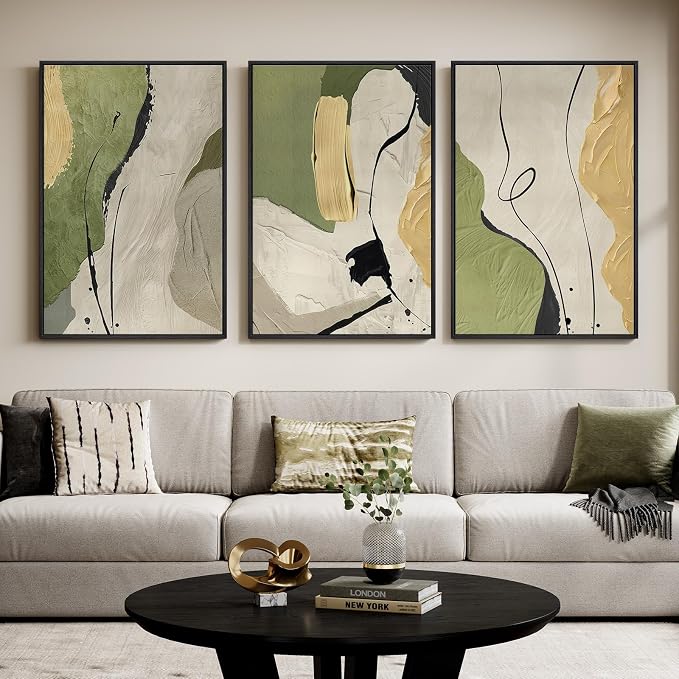 Large Framed Sage Green Abstract Wall Art for Living Room, 3 Piece 24x36 In | Gray yellow minimalist pictures, Canvas prints, Modern painting, Artwork for walls, Wall decor for bedroom dining room office