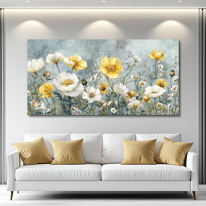 QIYILEXWART Large Wall Decor For Living Room Canvas Wall Art For Office Modern Wall Decorations For Bedroom Yellow White Flowers Landscape Painting Farmhouse Pictures Artwork Room Home Decor 24x48 In
