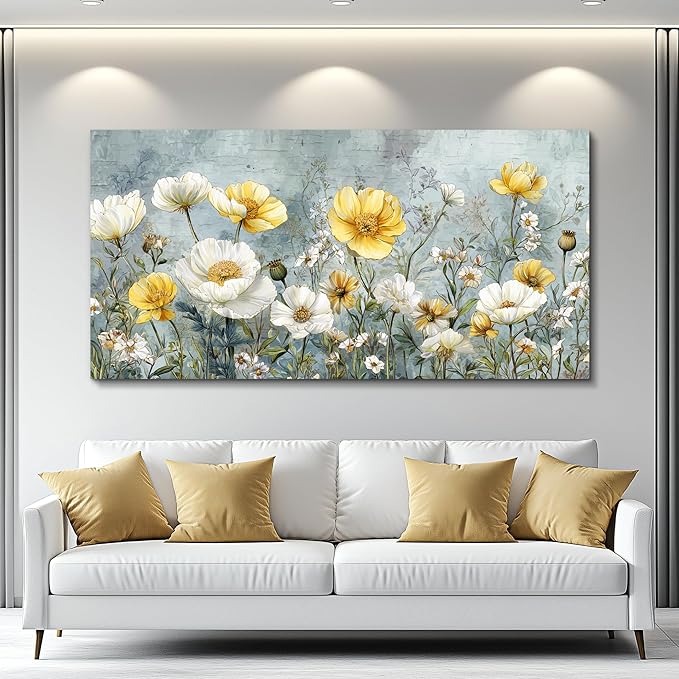 QIYILEXWART Canvas Wall Art For Living Room Wall Decor For Bedroom Office Wall Decoration Yellow White Flowers Landscape Painting Farmhouse Pictures Artwork Room Aesthetic Home Decor 20x40 In