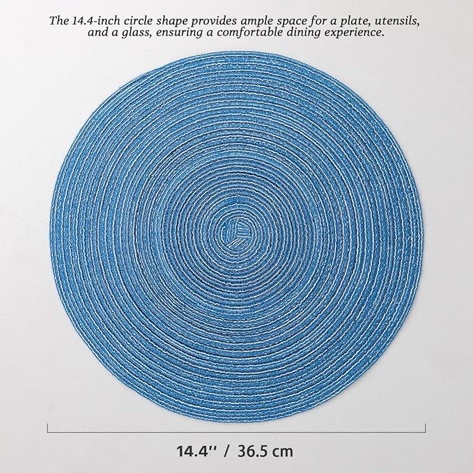 BARoyal Round Placemats Set of 4 Woven Placemats Washable Braided Table Mats for Dining Table Heat Resistant Non-Slip Circle Place Mats(Mid Blue)