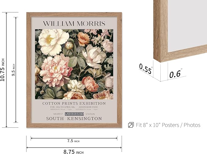 Poster Master William Morris Poster - Pink Peonies Print - Flower Art - Botanical Art - Exhibition Illustration - Textile Pattern Illustration - Floral Illustration - Aesthetic Office or Bedroom Decor - 8x10 Beige Framed