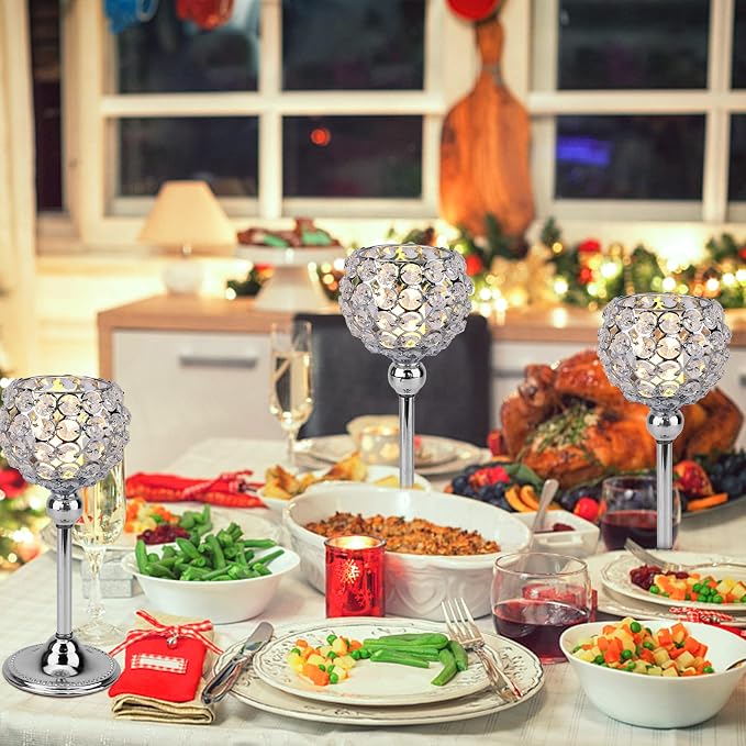Silver Crystal Candle Holders Set of 2 Candelabra Dining Table Centerpiece Table Decorations for Dining Room Living Room Coffee Dinner Table Decor Wedding Christmas (Silver, 2pcs 12")