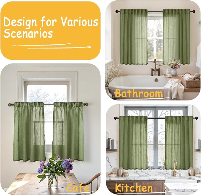 YoungsTex Olive Green Linen Curtains 40 Inch Length - Short Light Filtering Drapes Semi Sheer with Back Tab Rod Pocket for Bathroom Kitchen Window, 2 Panels, 42 X 40 Inch