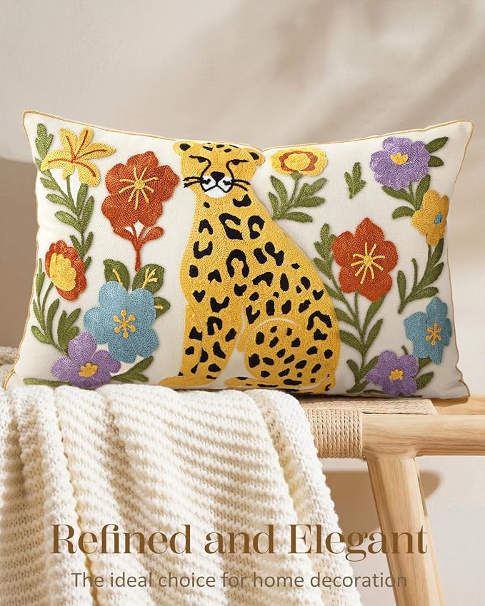 Embroidered Lumbar Pillow Cover 20x12 Inch - Summer Boho Decorative Pillow Cover with Zipper for Couch Sofa Living Room Farmhouse Cushion Pillowcase, Leopard Floral