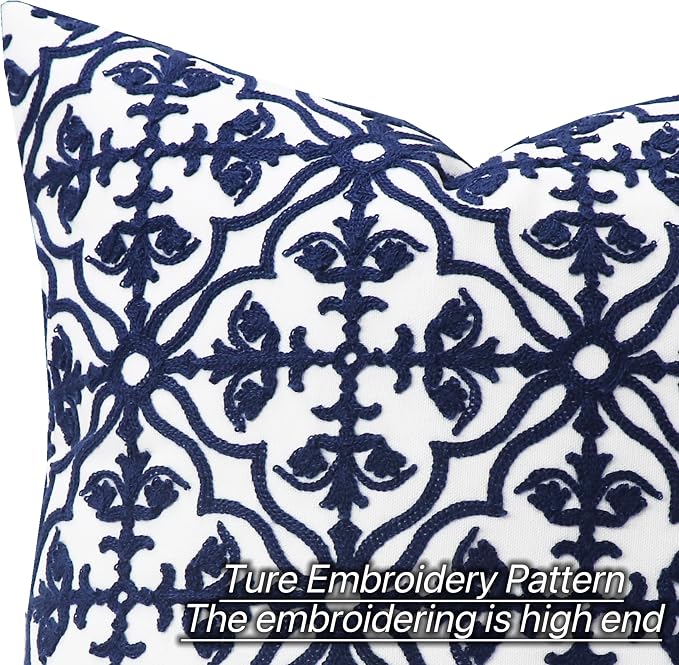 Slow Cow Throw Pillow Cover Navy Blue Embroidery Canvas Throw Pillow Cover for Couch Bed Sofa Navy Geometric Cushion Cover 18 x18 Inches