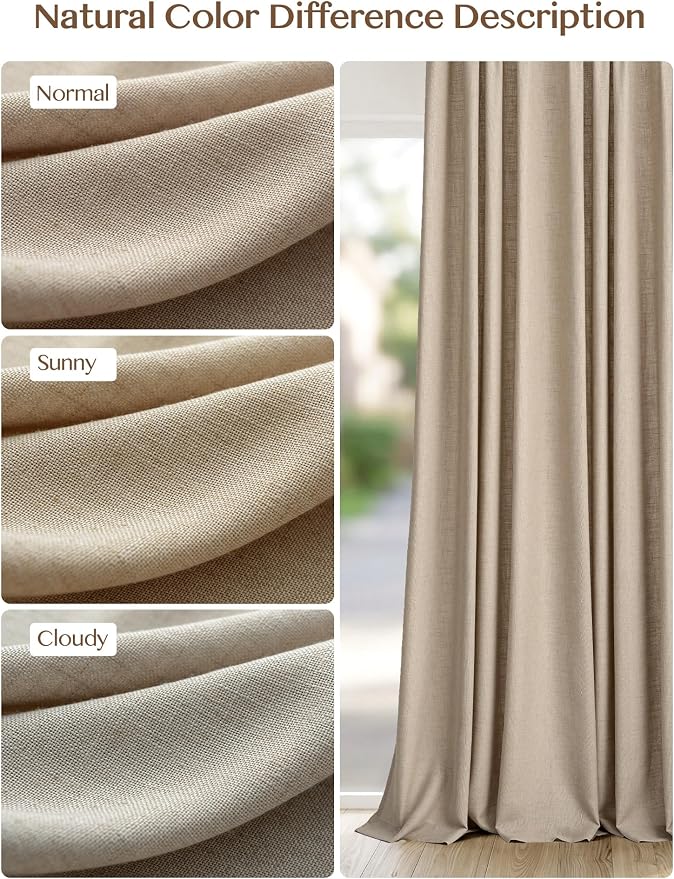 Liz Pinch Pleated Linen Curtains Light Filtering Curtains for Living Room, Farmhouse Window Curtains for Bedroom, Modern Drapes with Hooks and Rings, 102 Inches Long, Burlywood Birch, 2 Panels Set