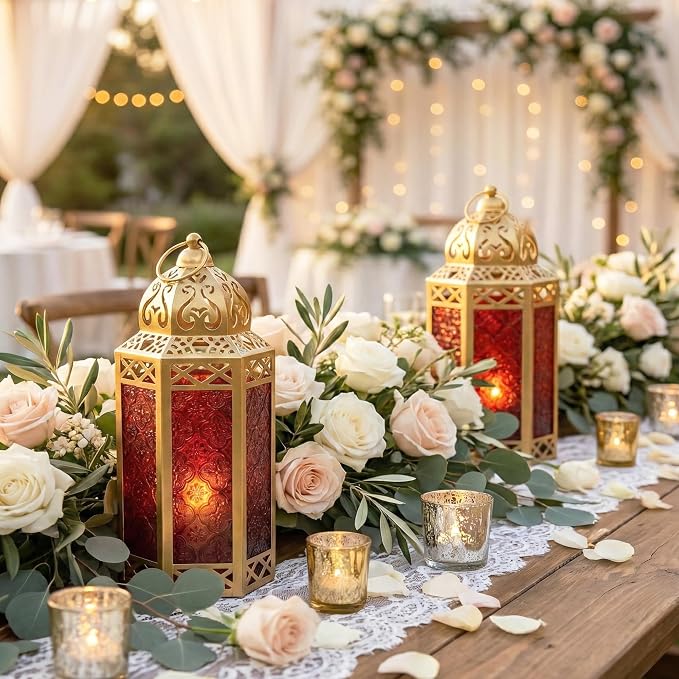 Vela Lanterns 12" Metal Moroccan Decorative Candle Lantern Holders for Hanging or Table, Indoor Home Decor, Outdoor Patio or Porch, Weddings, Gold, Red Glass, Large