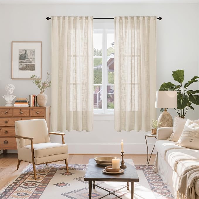 YoungsTex Oatmeal Linen Semi Sheer Curtains 42 X 63 Inch Length 2 Panels | Light Filtering Drapes Natural Textured with Rod Pocket Back Tab for Living Room Bedroom Window