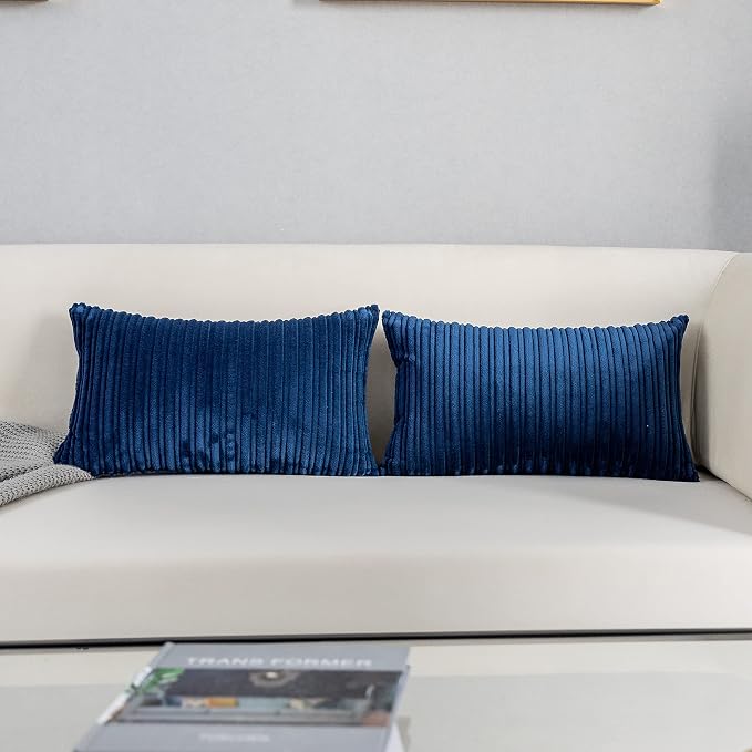Kevin Textile Striped Corduroy 12”x20” Pillow Covers 2 Pack, Navy Blue