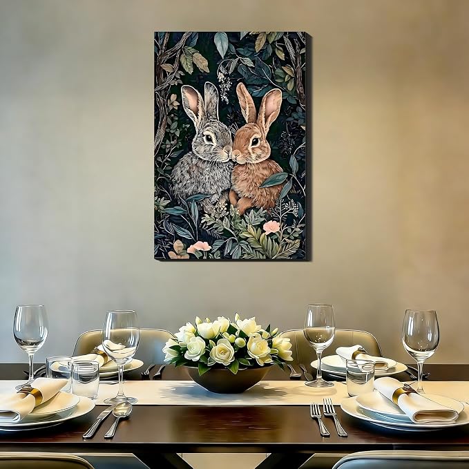 Vintage Framed Easter Canvas Wall Art 24x36, Retro Two Bunnies Pictures Wall Decorations Indoor, Rustic Spring Wall Decor with Cute Rabbit & Florals for Bedroom Living Room Office