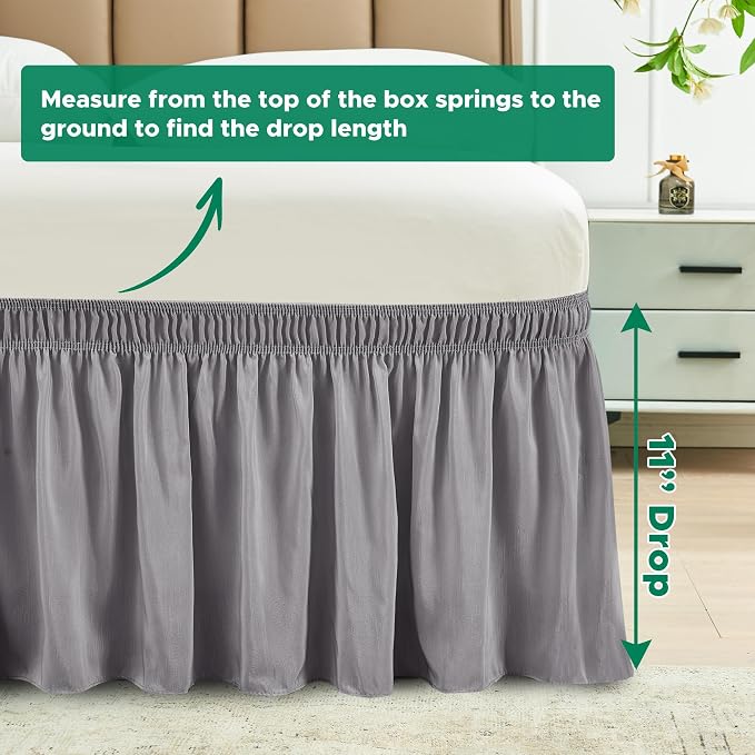 Wrap Around Bed Skirt Dorm Twin & Twin XL 11" Drop-Elastic Dust Ruffle | Adjustable Pleated Bedskirt-Easy Fit Wrinkle Resistant-Washable Hotel Quality-College Apartment Guest Bedroom Silver Grey