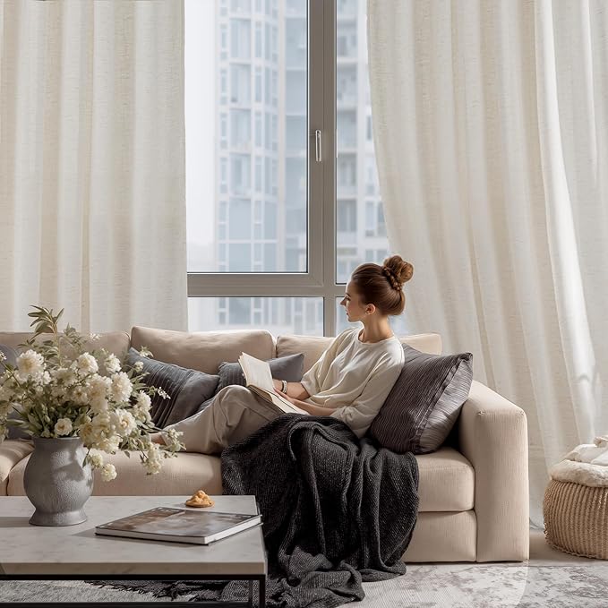 RYB HOME Sheer Curtains 108 inches, Extra Long Floor to Ceiling Curtains | Light Filtering Privacy, Faux Linen Fabric, Living Room Bedroom Sliding Glass Door, Back Tab, W52 x L108, 2 Panels, Ivory
