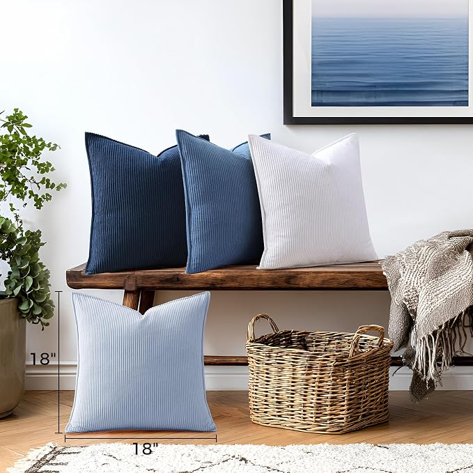Pack of 4 Throw Pillow Covers Corduroy 18x18 Inch,Blue