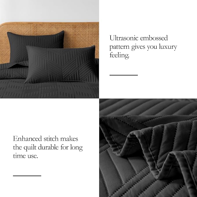 Davulos Black Queen Quilt Set,3-Piece Lightweight Reversible Bedspread Coverlet,Soft Microfiber,All Season Bedding with Modern Geometric Pattern (1 Quilt,2 Pillow Shams)
