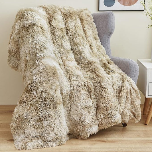 GONAAP Fuzzy Faux Fur Twin Blanket for Couch, Tie-dye Beige, 60"x80" | Warm Cozy Plush Shaggy Decorative Reversible Thick Non-Heated Fleece Blanket for Sofa Bed, Gift for Women Men, All Season Use