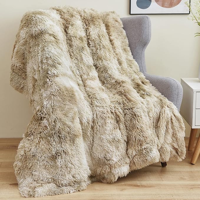 GONAAP Fuzzy Faux Fur Throw Blanket for Couch, Tie-dye Beige, 50"x60" | Warm Cozy Plush Shaggy Decorative Reversible Thick Non-Heated Fleece Blanket for Sofa Bed, Gift for Women Men, All Season Use