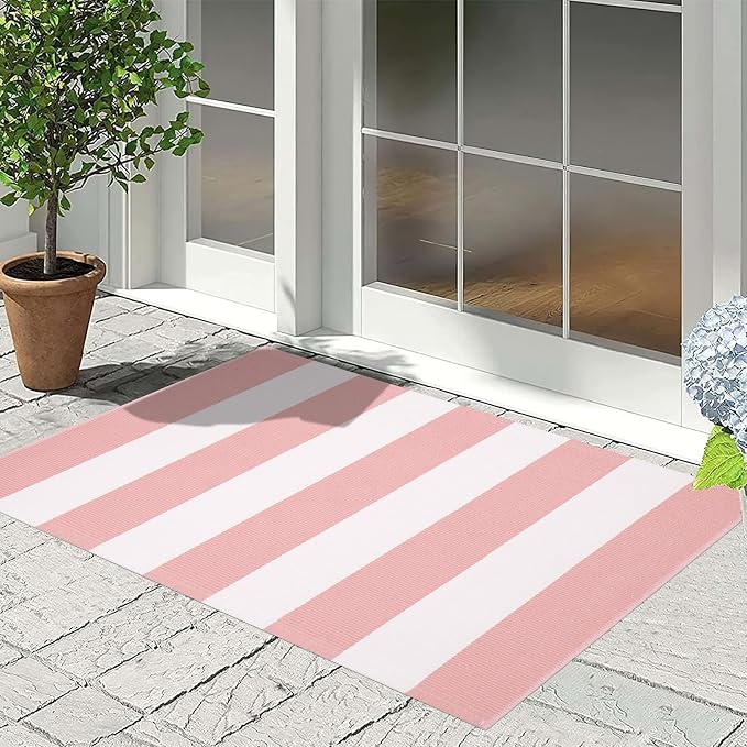 Front Outdoor Door Mat 2'x3',Pink Striped Outdoor Rug Machine Washable Cotton Layered Door Mat Entryway Throw Rug for Indoor Entrance