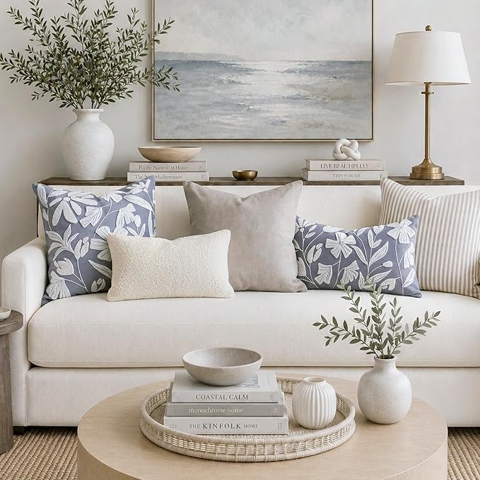 BlissBlush Decorative Lumbar Pillow Cover 12x20, Coastal Dusty Blue Accent Velvet Throw Pillowcase for Couch Sofa Living Room, Floral Tufted Rectangular Cushion, Cover Only