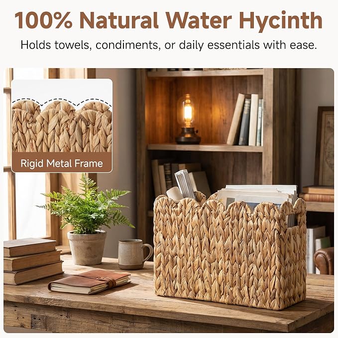 StorageWorks Scalloped Magazine Basket, Wicker Magazine Holder, Book Basket | Magazine Holder Bathroom, Mail Baskets for Counter, Hand-Woven Wicker Baskets, Rattan Magazine Rack for Bathroom, 1 Pack