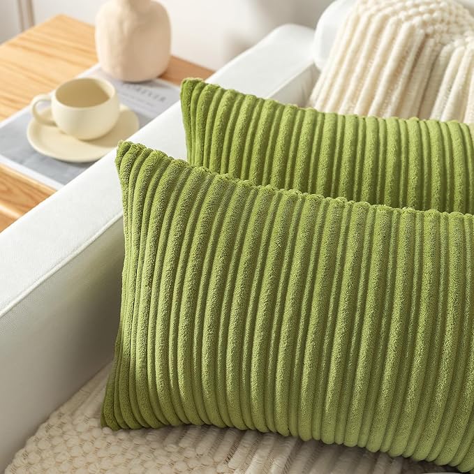 Kevin Textile Striped Corduroy 22”x22” Pillow Covers 2 Pack, Green