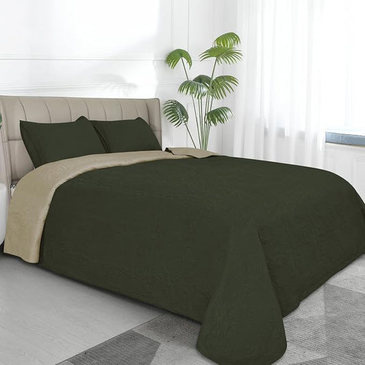 Easy-Going Reversible Quilt Set Full/Queen, Bedspread with 2 Shams | Damask-Army Green/Beige, Lightweight Bed Comforter, 1 Quilt + 2 Pillow Shams, All-Season Coverlets for Bedroom