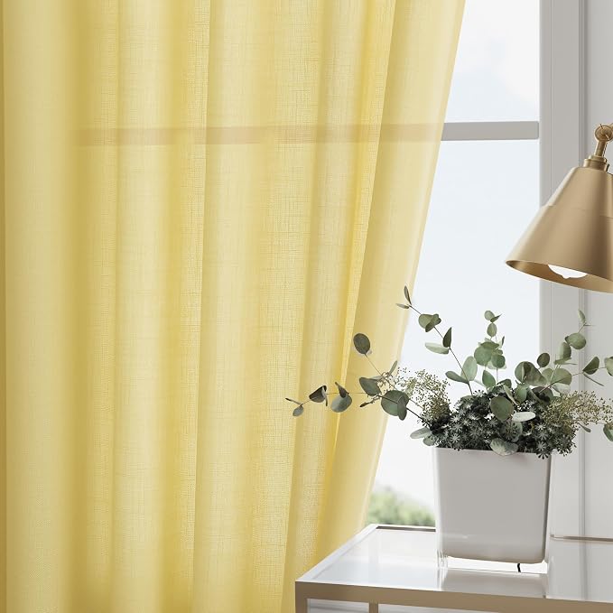 Yellow Linen Textured 96 Inch Curtains 2 Panel Set Back Tab Rod Pocket Sheer Light Filtering Boho Room Decor Aesthetic Curtain Burlap Look Curtain Drapes for Living Room Bedroom 8Ft 52x96 Inch